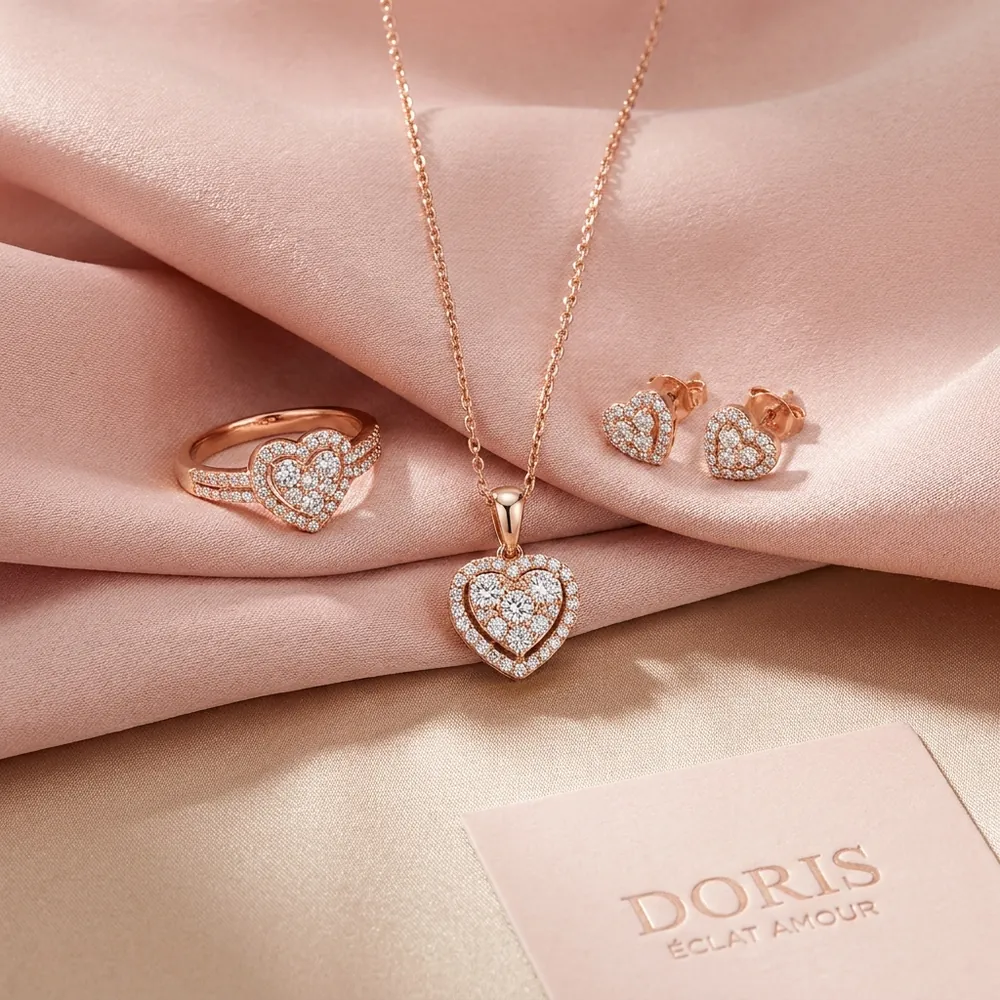 Rose gold heart jewelry on blush silk