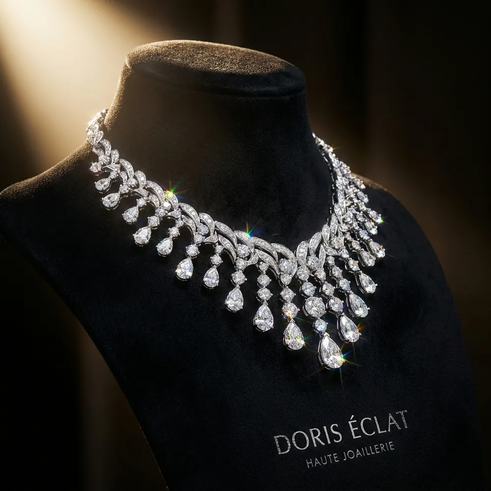 Diamond fringe necklace on a black jewelry bust