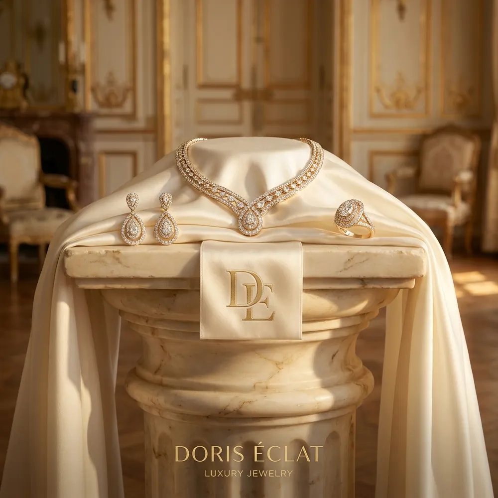 Gold and diamond jewelry displayed on a marble pedestal in a gilded salon