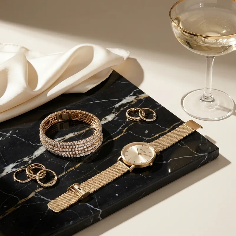 Bracelets, rings and a watch arranged on black marble