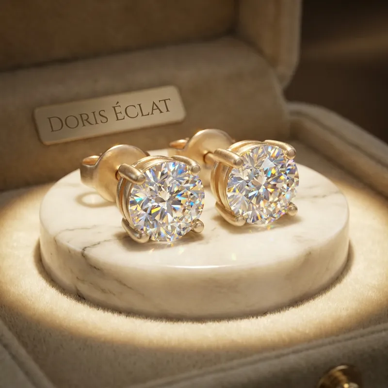Diamond stud earrings on a marble pedestal
