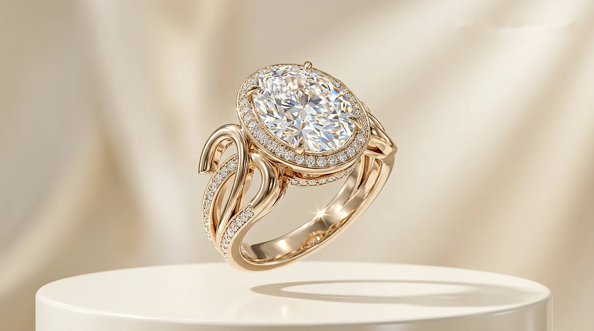 Lumière oval diamond ring in 18k rose gold floating above a marble pedestal