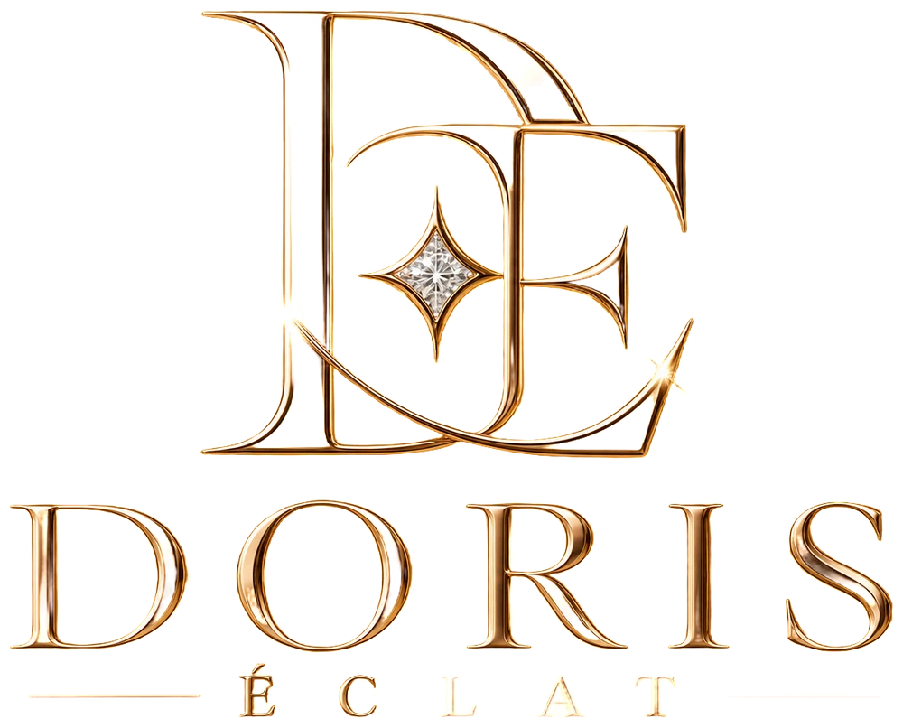 Doris Éclat logo — DE monogram with a diamond star in polished gold