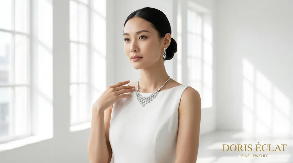 Model in white wearing a diamond necklace