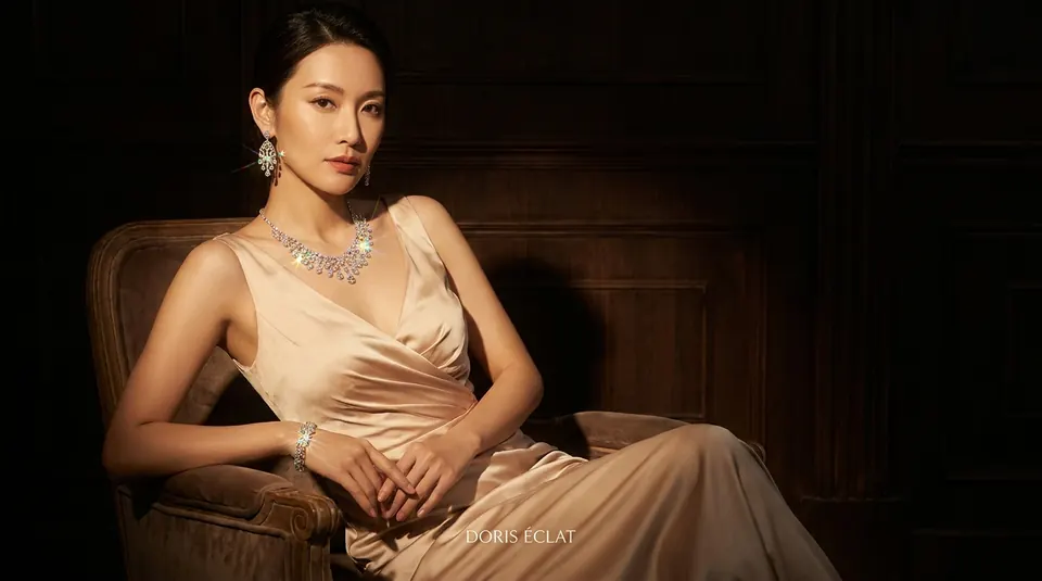 Model in a champagne gown with diamond jewelry