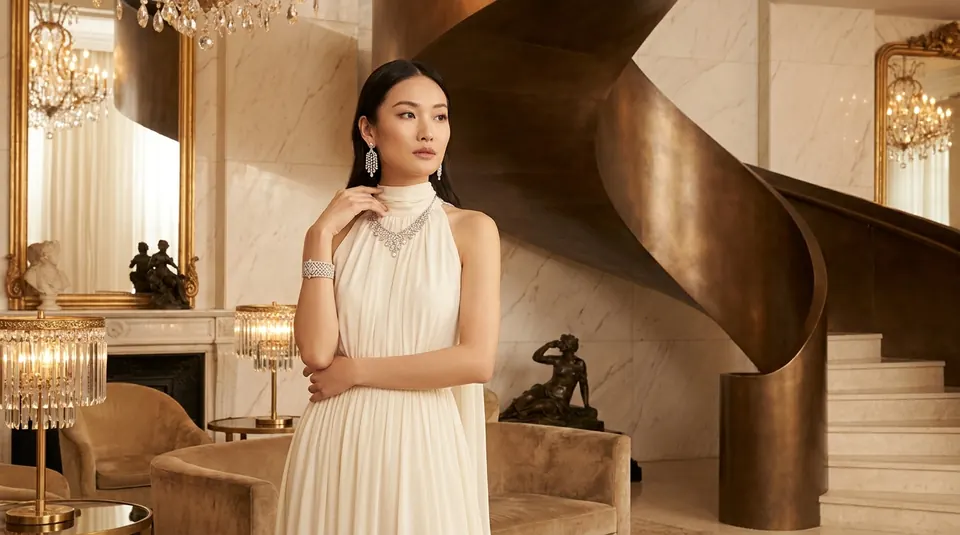 Model in ivory on a bronze staircase