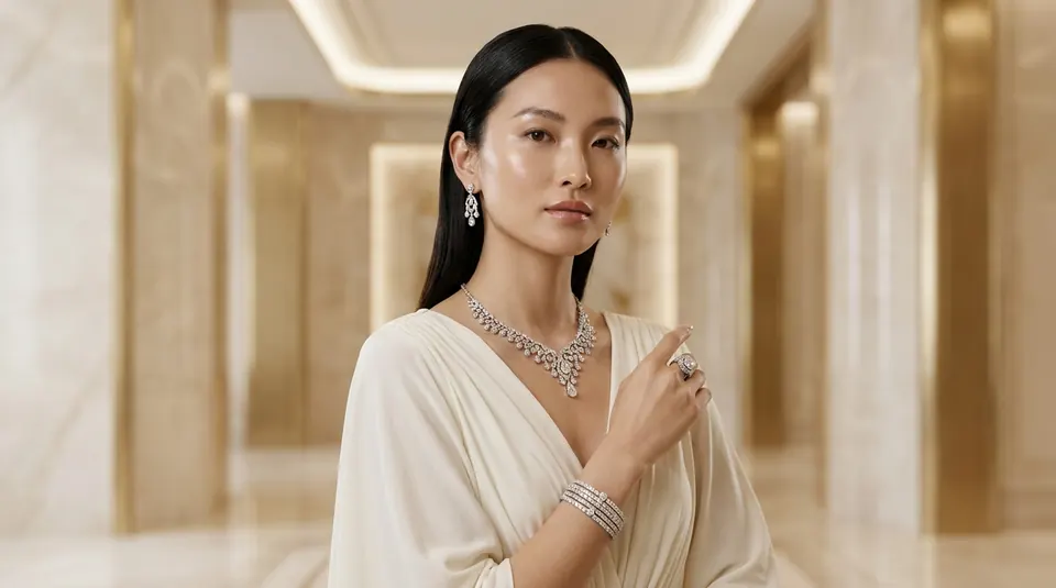 Model in a marble hall wearing diamonds